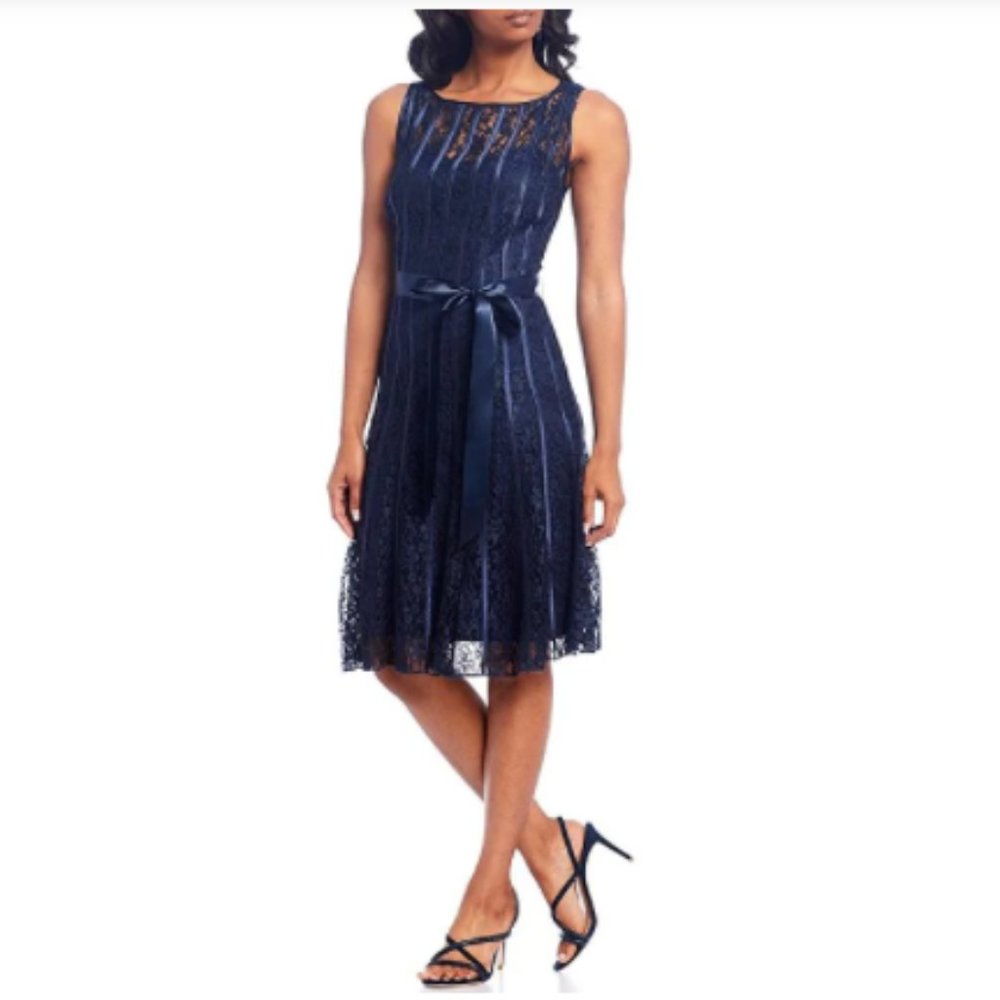 Ignite Evenings Bleu  Lace Satin Belt Sleeveless Pleated A-Line Dress size 6&14